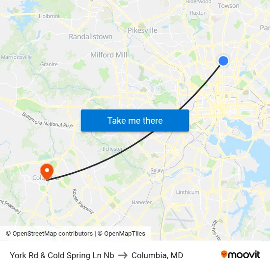 York Rd & Cold Spring Ln Nb to Columbia, MD map