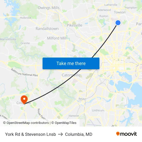York Rd & Stevenson Lnsb to Columbia, MD map
