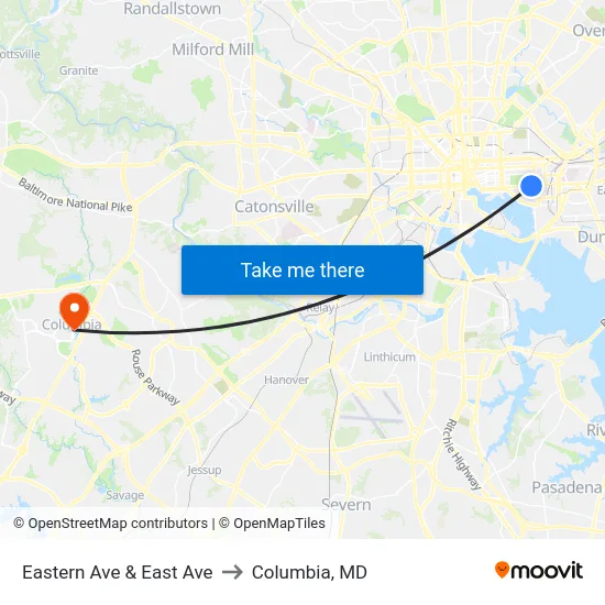 Eastern Ave & East Ave to Columbia, MD map
