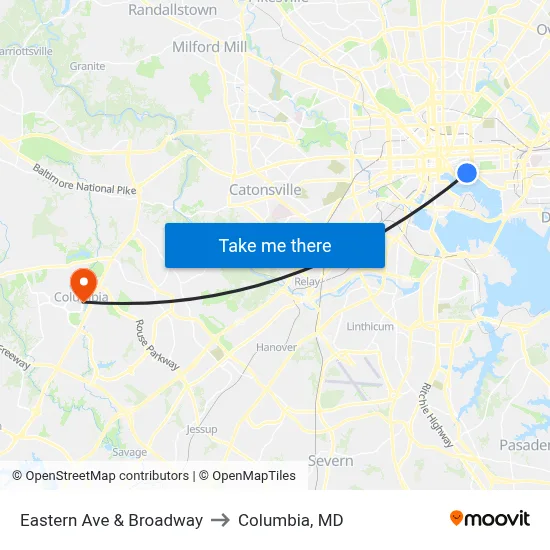 Eastern Ave & Broadway to Columbia, MD map