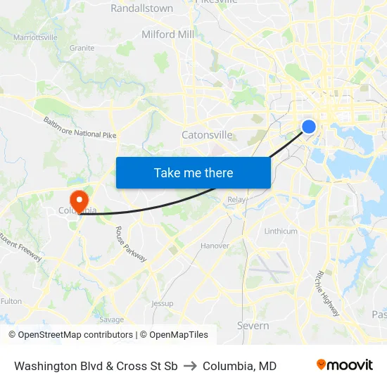 Washington Blvd & Cross St Sb to Columbia, MD map