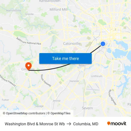 Washington Blvd & Monroe St Wb to Columbia, MD map