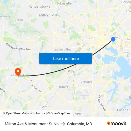 Milton Ave & Monument St Nb to Columbia, MD map