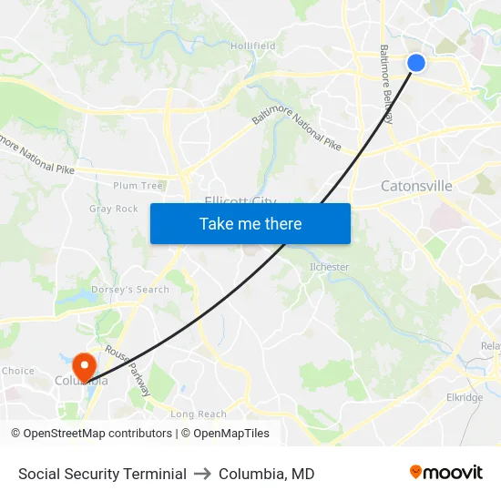 Social Security Terminial to Columbia, MD map