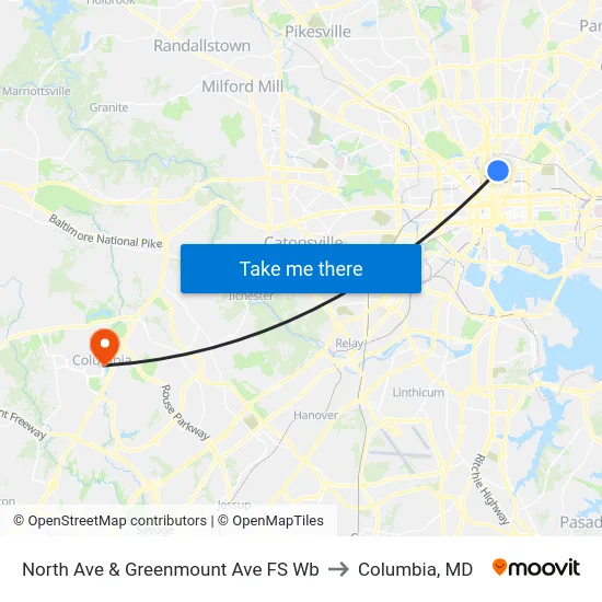 North Ave & Greenmount Ave FS Wb to Columbia, MD map