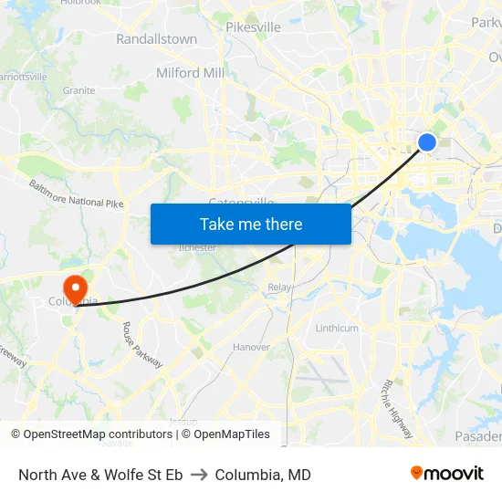 North Ave & Wolfe St Eb to Columbia, MD map