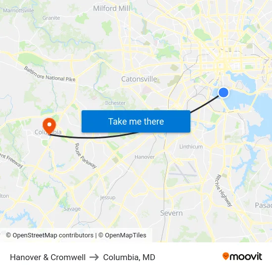 Hanover & Cromwell to Columbia, MD map