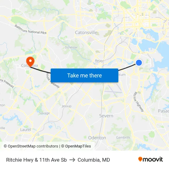 Ritchie Hwy & 11th Ave Sb to Columbia, MD map