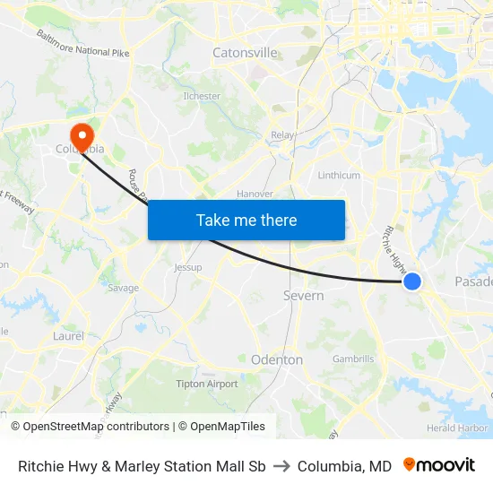 Ritchie Hwy & Marley Station Mall Sb to Columbia, MD map