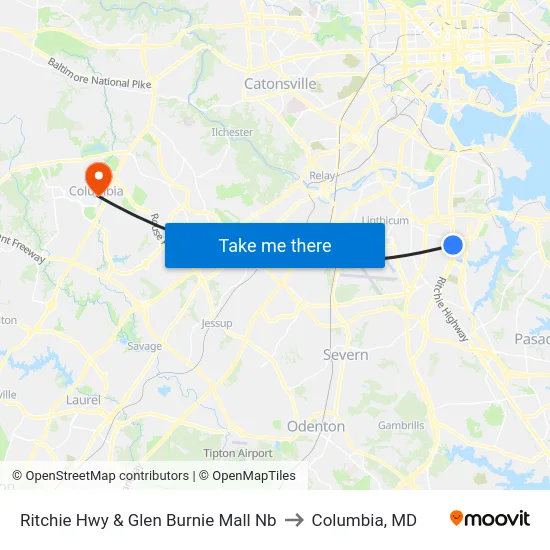 Ritchie Hwy & Glen Burnie Mall Nb to Columbia, MD map