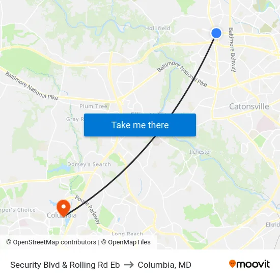 Security Blvd & Rolling Rd Eb to Columbia, MD map