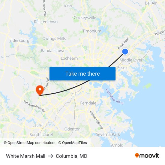 White Marsh Mall to Columbia, MD map