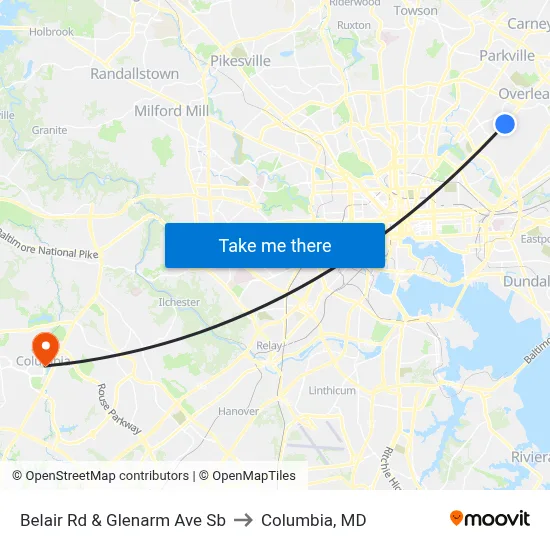 Belair Rd & Glenarm Ave Sb to Columbia, MD map