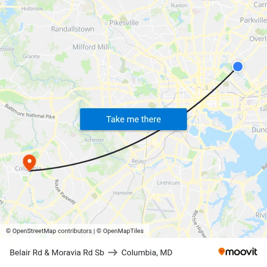 Belair Rd & Moravia Rd Sb to Columbia, MD map