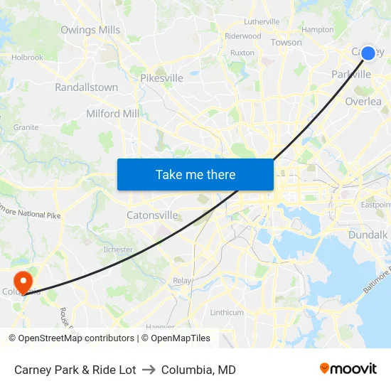 Carney Park & Ride Lot to Columbia, MD map