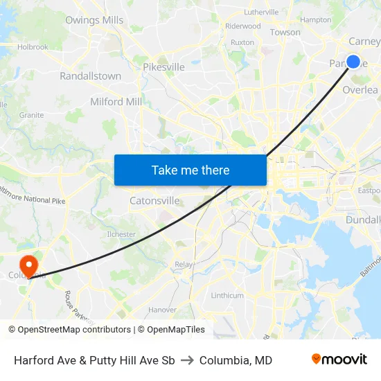 Harford Ave & Putty Hill Ave Sb to Columbia, MD map