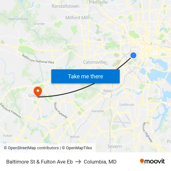 Baltimore St & Fulton Ave Eb to Columbia, MD map