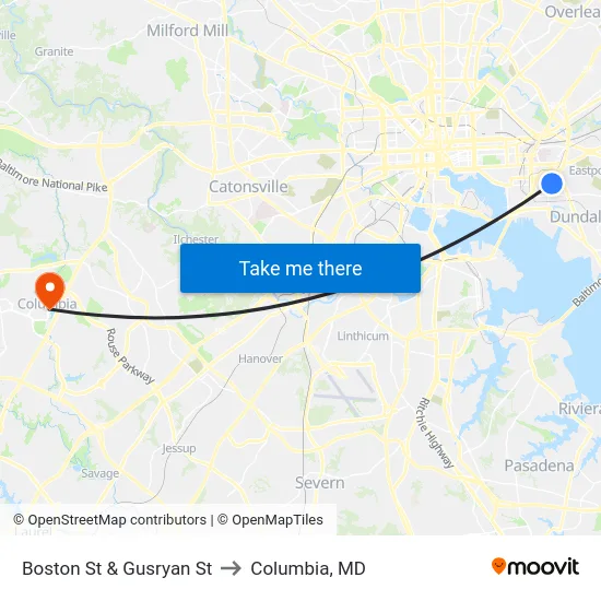 Boston St & Gusryan St to Columbia, MD map