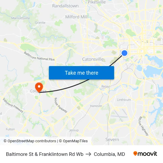 Baltimore St & Franklintown Rd Wb to Columbia, MD map