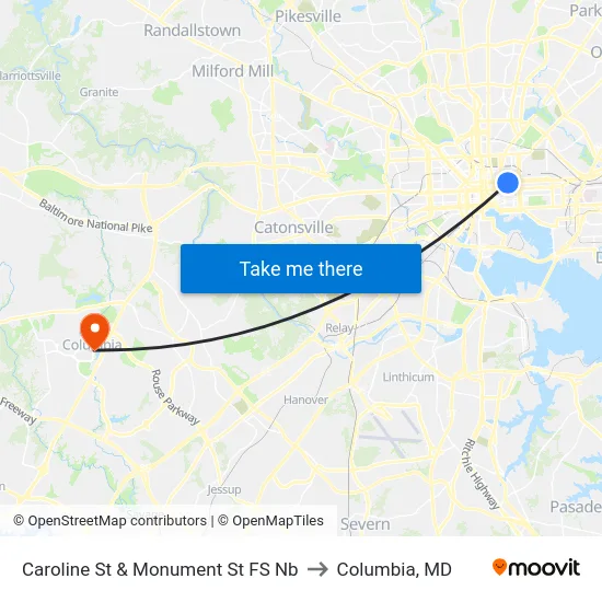 Caroline St & Monument St FS Nb to Columbia, MD map