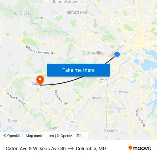 Caton Ave & Wilkens Ave Sb to Columbia, MD map