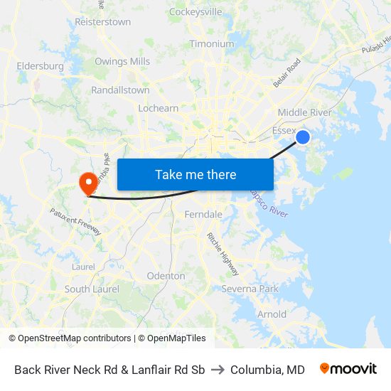 Back River Neck Rd & Lanflair Rd Sb to Columbia, MD map