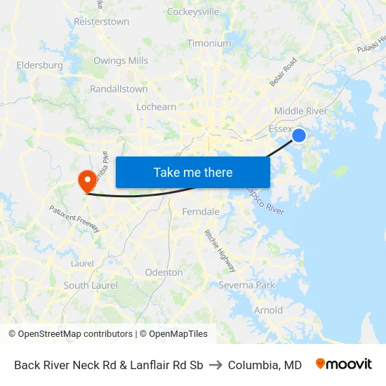 Back River Neck Rd & Lanflair Rd Sb to Columbia, MD map