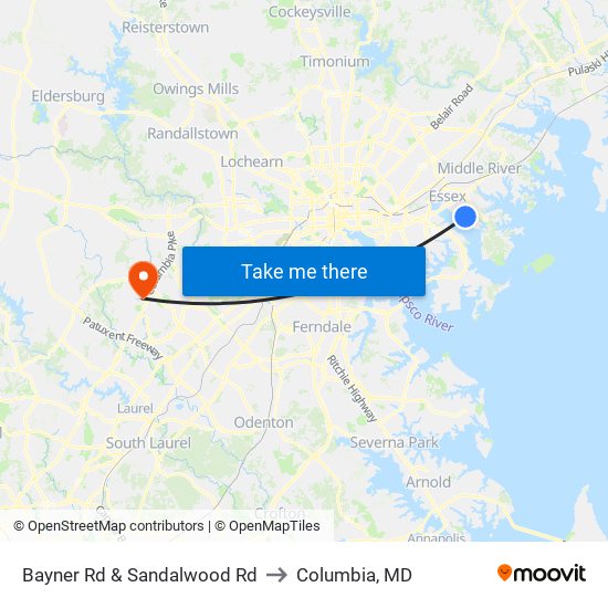 Bayner Rd & Sandalwood Rd to Columbia, MD map