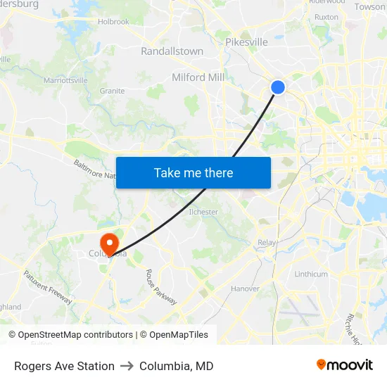 Rogers Ave Station to Columbia, MD map