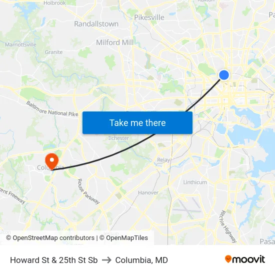 Howard St & 25th St Sb to Columbia, MD map