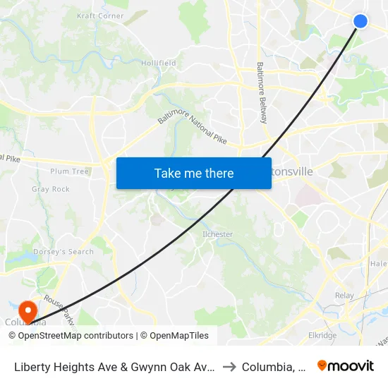 Liberty Heights Ave & Gwynn Oak Ave FS to Columbia, MD map