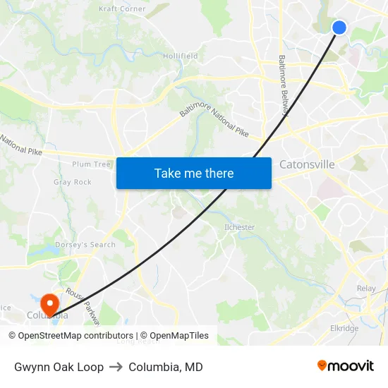 Gwynn Oak Loop to Columbia, MD map