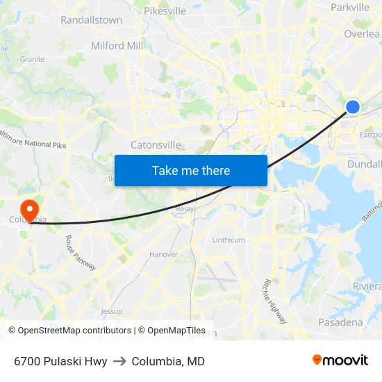 6700 Pulaski Hwy to Columbia, MD map