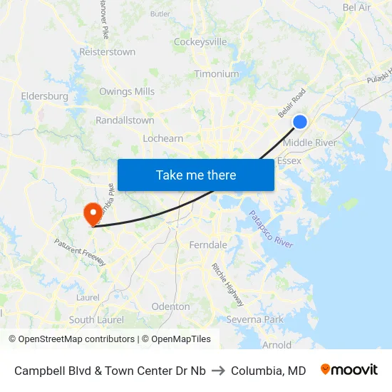 Campbell Blvd & Town Center Dr Nb to Columbia, MD map