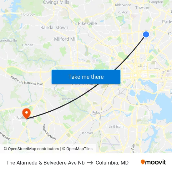 The Alameda & Belvedere Ave Nb to Columbia, MD map