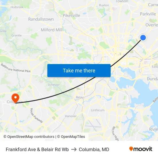 Frankford Ave & Belair Rd Wb to Columbia, MD map