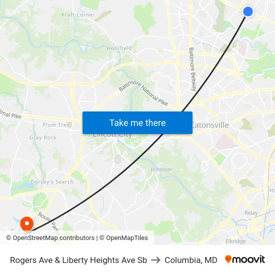 Rogers Ave & Liberty Heights Ave Sb to Columbia, MD map