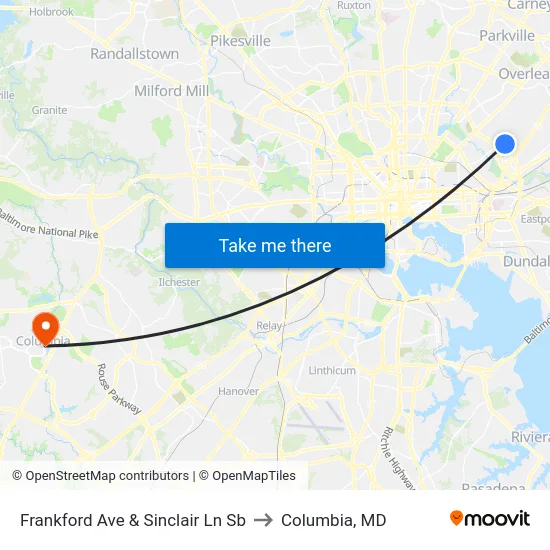 Frankford Ave & Sinclair Ln Sb to Columbia, MD map
