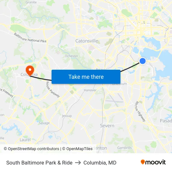 South Baltimore Park & Ride to Columbia, MD map