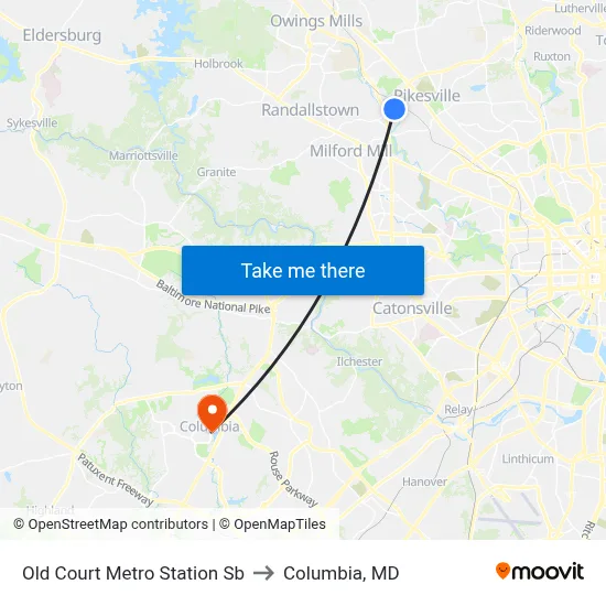 Old Court Metro Station Sb to Columbia, MD map