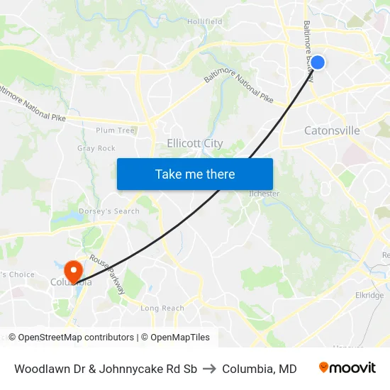 Woodlawn Dr & Johnnycake Rd Sb to Columbia, MD map