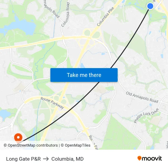 Long Gate P&R to Columbia, MD map