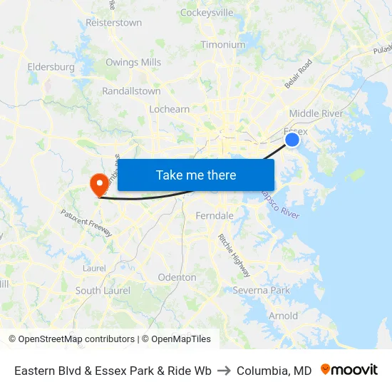 Eastern Blvd & Essex Park & Ride Wb to Columbia, MD map