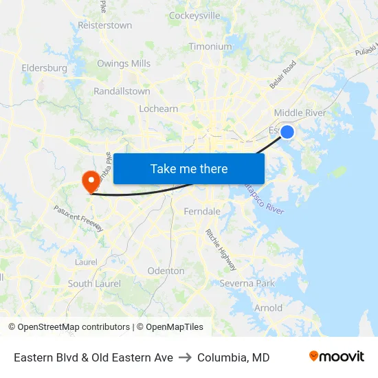Eastern Blvd & Old Eastern Ave to Columbia, MD map