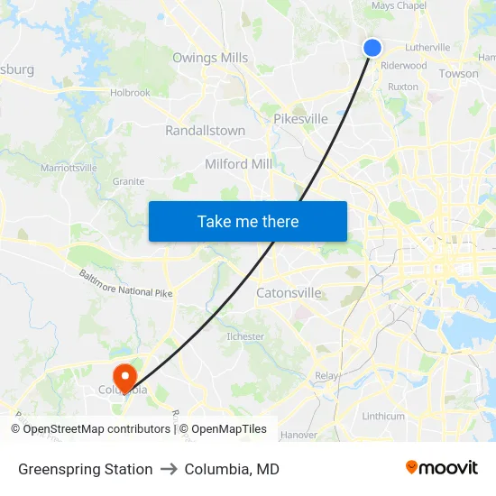 Greenspring Station to Columbia, MD map