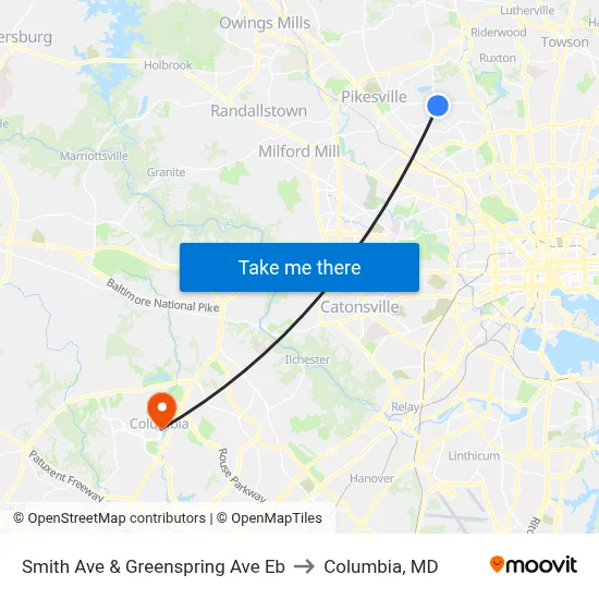 Smith Ave & Greenspring Ave Eb to Columbia, MD map