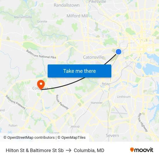 Hilton St & Baltimore St Sb to Columbia, MD map