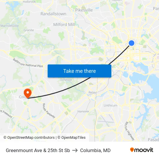 Greenmount Ave & 25th St Sb to Columbia, MD map