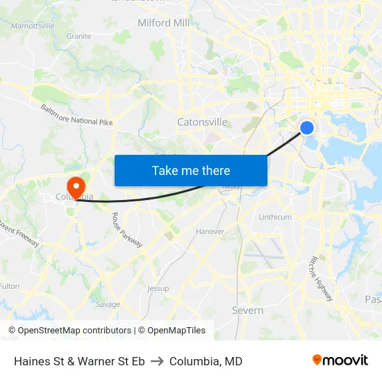 Haines St & Warner St Eb to Columbia, MD map