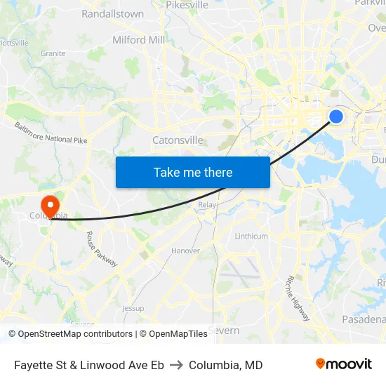Fayette St & Linwood Ave Eb to Columbia, MD map